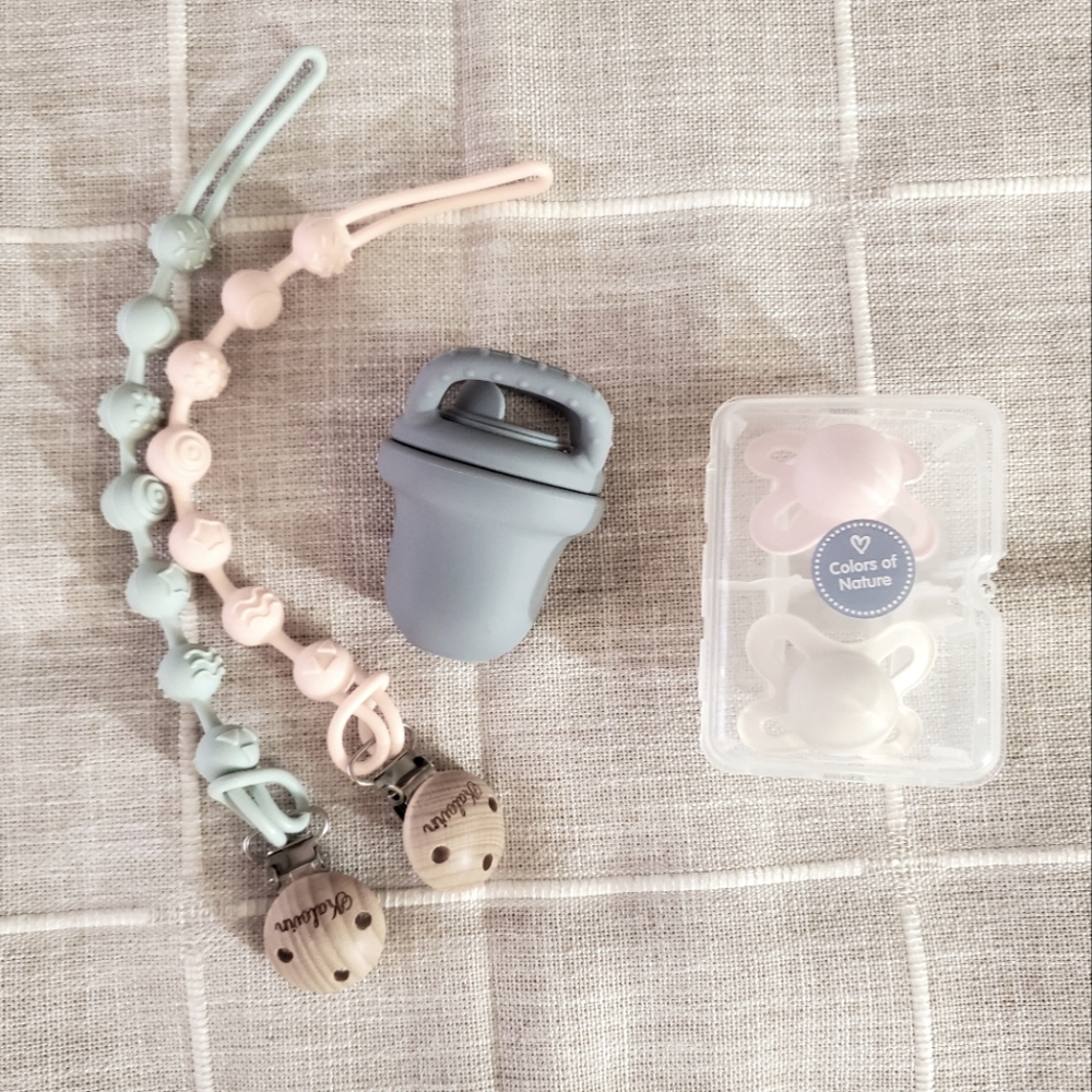 5 Piece BABY BUNDLE 2 Pacifiers 2 Teething Pacifier Clips 1 Fresh Fruit Teether